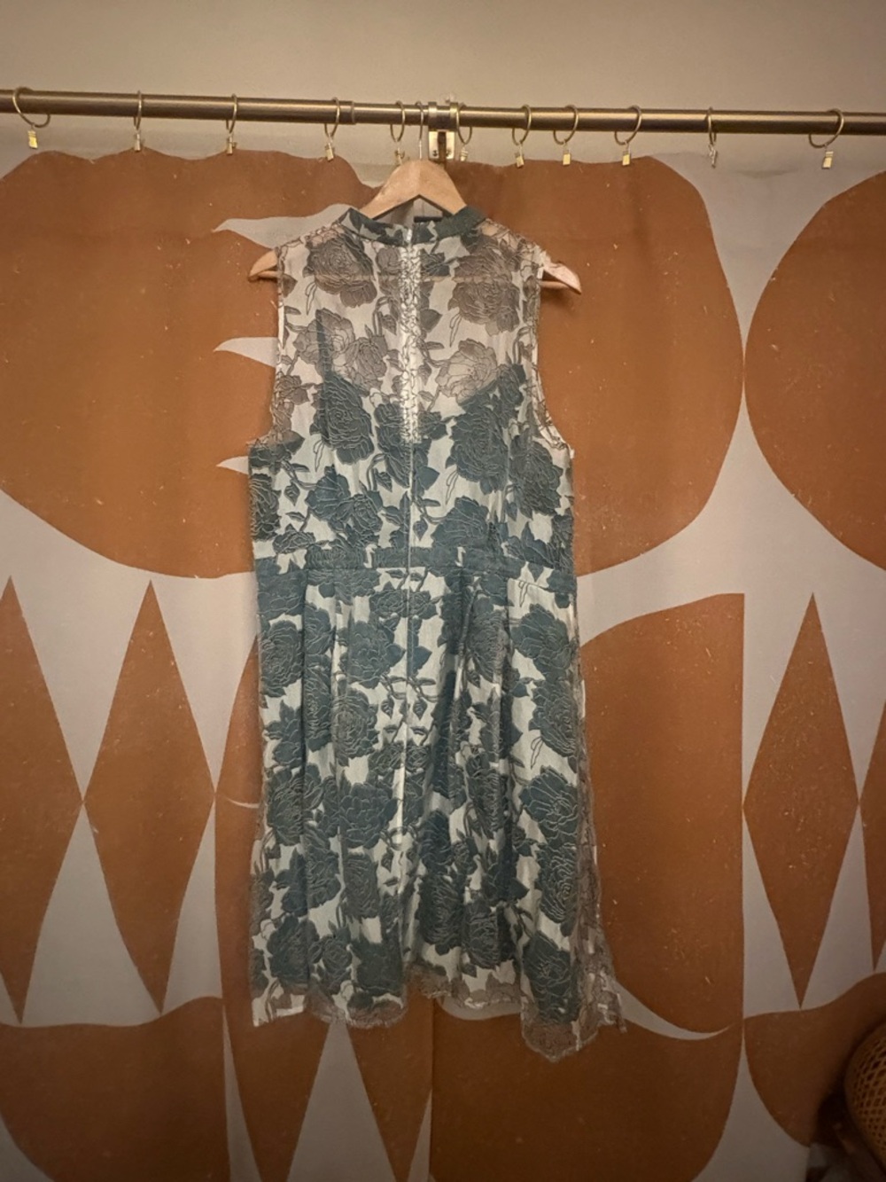 Lace & Mesh Sleeveless mock neck Floral Burn Out A-Line Dress in Teal and Ivory
